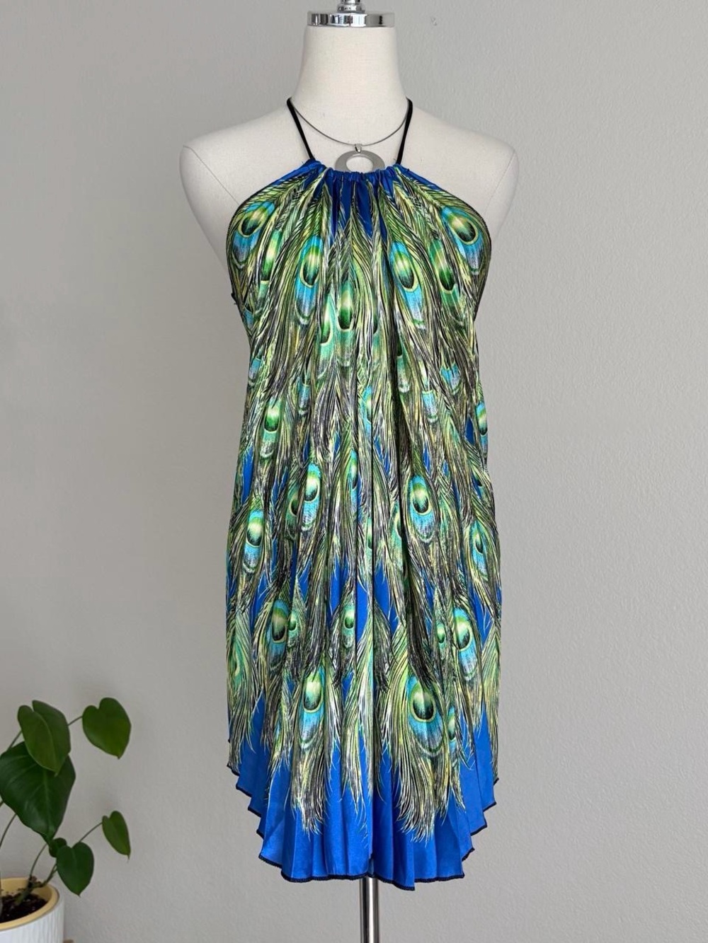 Body Central Peacock-Print Halter Dress in Blue and Green